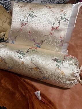 Luxury Satin Floral Bolster Pillow - Ivory with Multicolor Embroidery CB